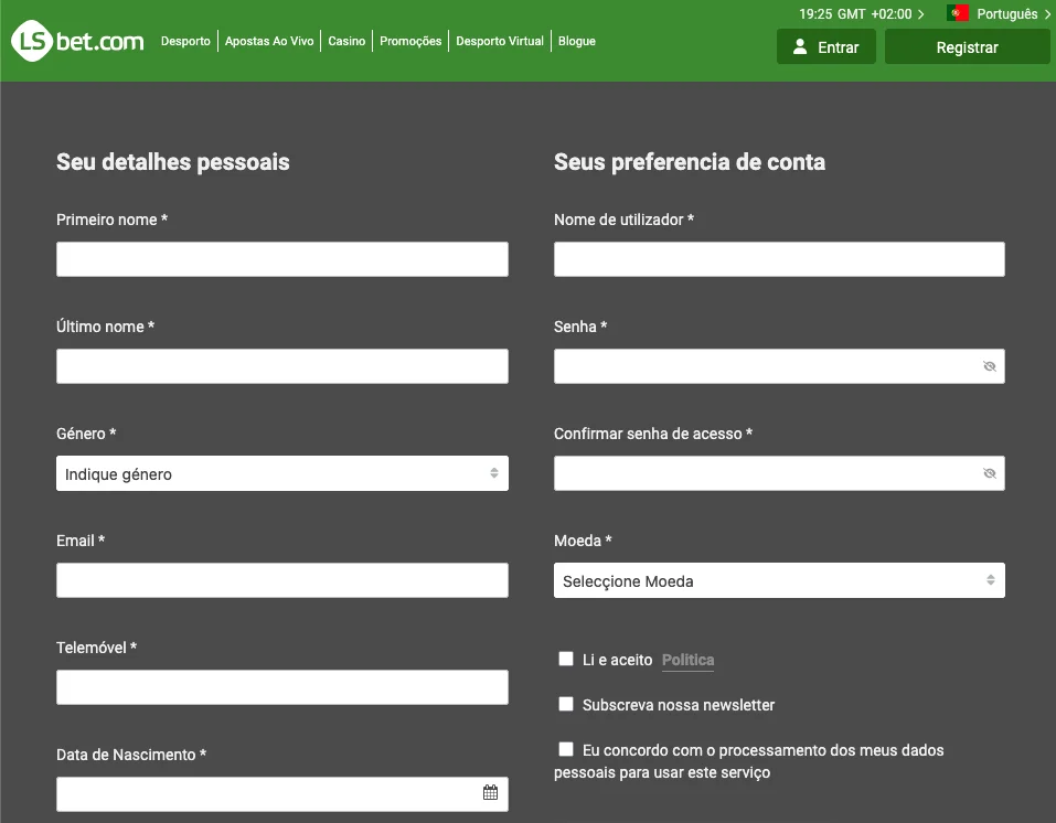 Formulário de registro da LsBet Portugal sendo preenchido com dados pessoais e botão de criar conta.