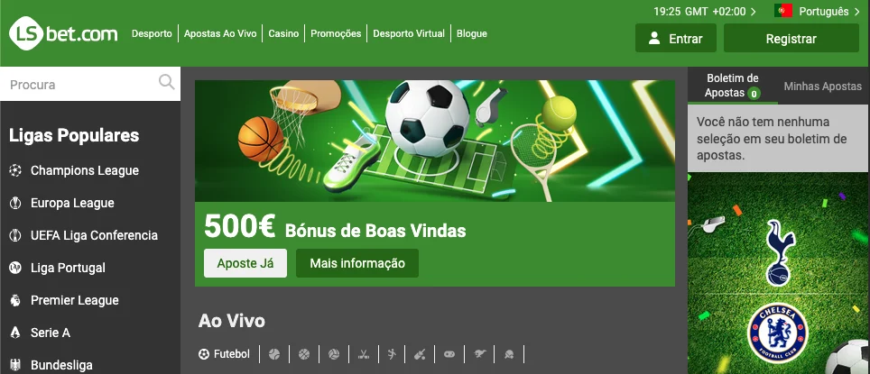 Interface da conta LsBet mostrando mercados de apostas desportivas ao vivo e jogos esportivos disponíveis.